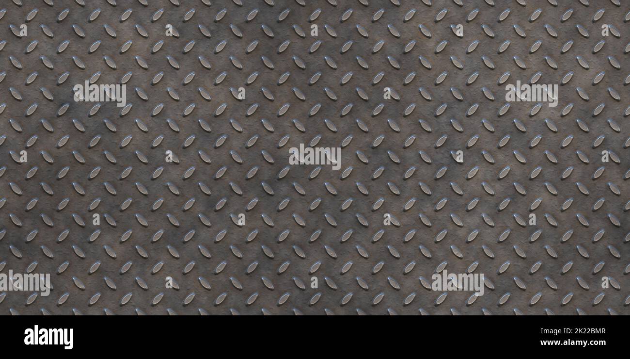Seamless  old worn grungy iron diamond plate 3D rendering pattern. A tileable high resolution metal texture, perfect for backdrops and backgrounds. Stock Photo