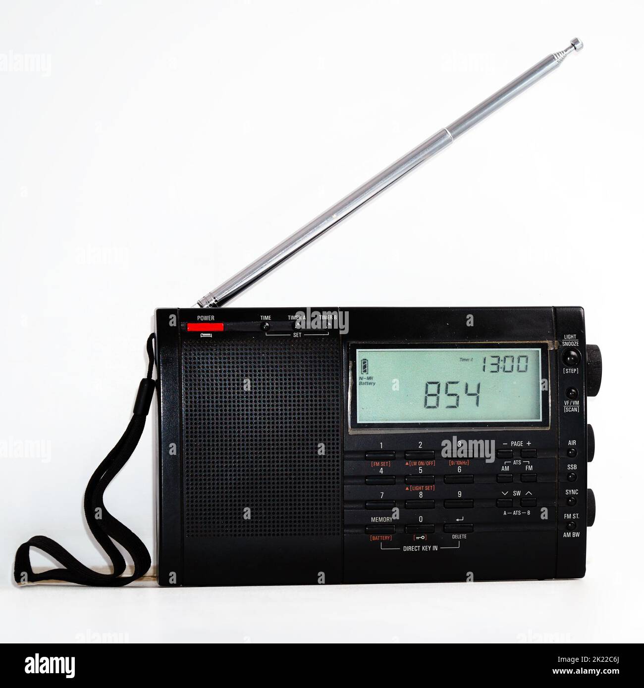 Modern black shortwave radio with antenna and digital display on a