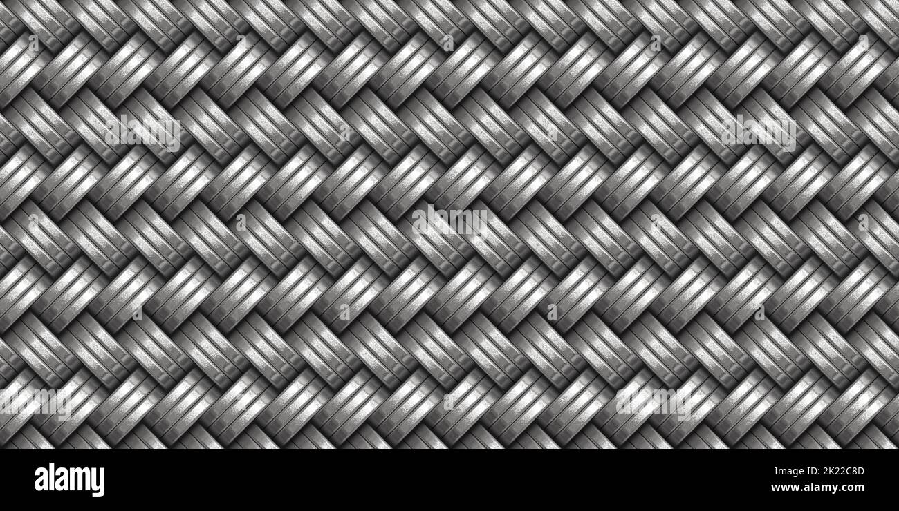Seamless Silver wicker weave background surface pattern. Tileable realistic luxury woven steel interlocking metal rings texture. A high resolution abs Stock Photo