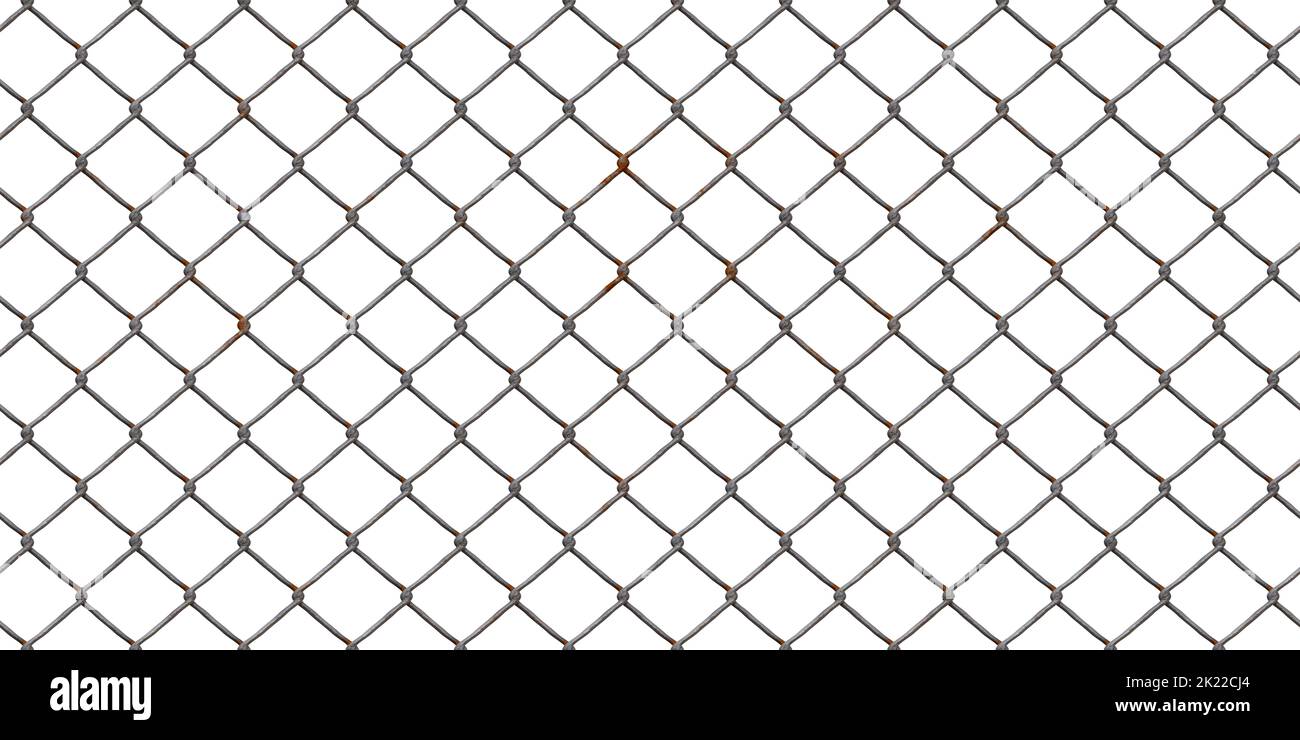 Seamless rusted chain link wire fence background texture isolated on white. Tileable metal diamond mesh urban fencing repeat surface pattern.  A high Stock Photo