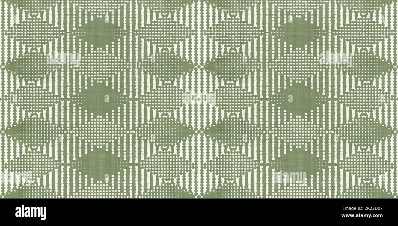 Batik geometric diamond harlequin seamless repeat motif on distressed boho textured linen in sage green and natural white. A fashion or interior desig Stock Photo