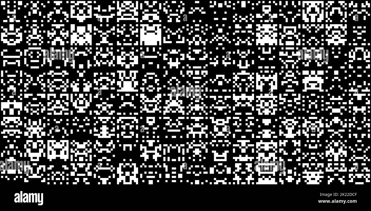 Seamless black and white abstract 8-bit retro geometric pixel pattern shapes. Monochrome space invaders, monsters, aliens, robots and spaceships, fun Stock Photo