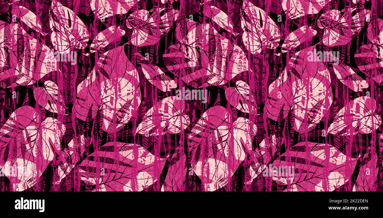 Seamless maximalist wild safari or jungle motif collage with Monstera