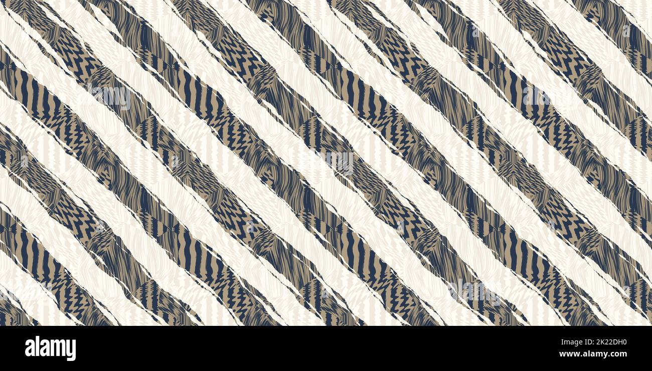 Seamless abstract african safari zebra and tiger stripes kintsugi background pattern. Contemporary geometric tribal diagonal stripe motif ripped fabri Stock Photo