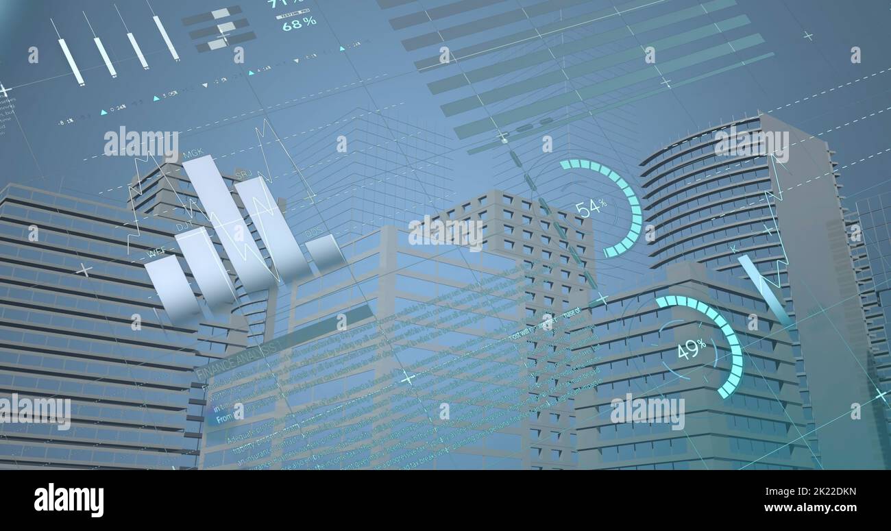 Image of statistics with data processing over cityscape Stock Photo