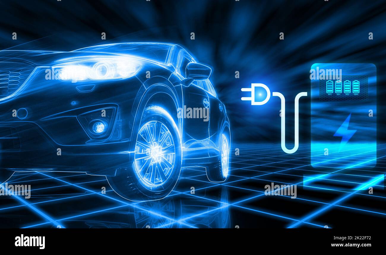 EV car in futuristic vehicle concept. Electric car charging station and battery level icon. Future transportation. Futuristic autonomous car. Driver Stock Photo