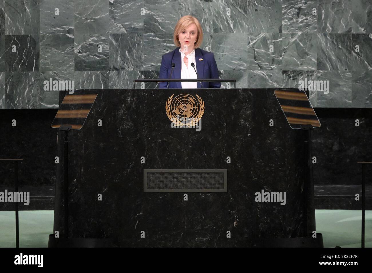 Prime Minister Liz Truss delivers a speech to members of the United Nations in New York during her visit to the US to attend the 77th UN General Assembly. Picture date: Wednesday September 21, 2022. Stock Photo