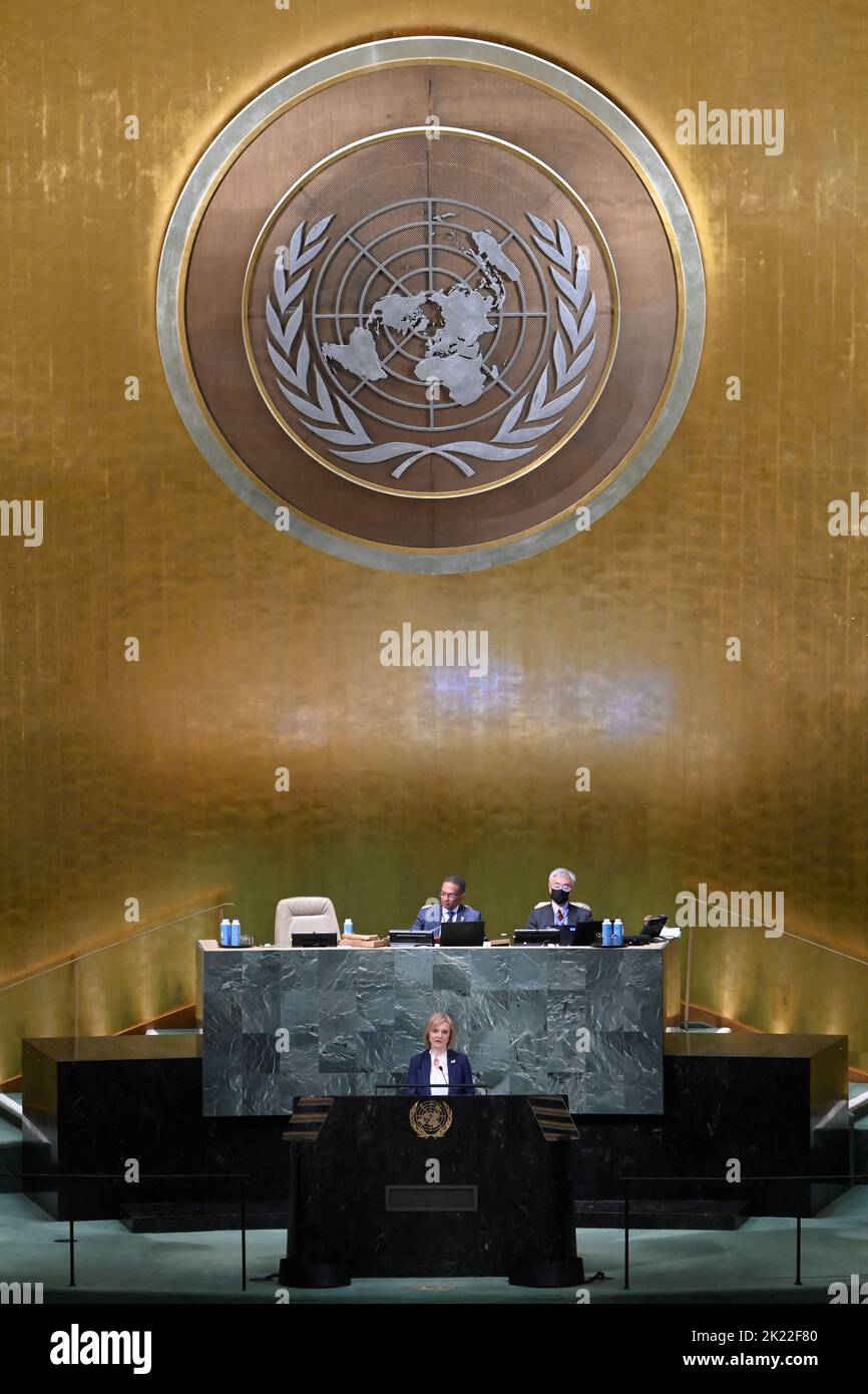 Prime Minister Liz Truss delivers a speech to members of the United Nations in New York during her visit to the US to attend the 77th UN General Assembly. Picture date: Wednesday September 21, 2022. Stock Photo
