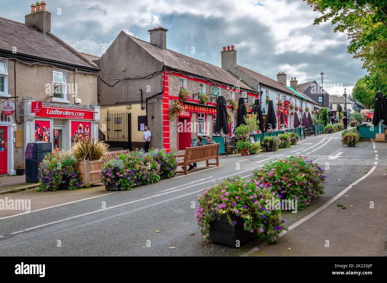 View of New Street in the center of the Malahide, Ireland, a newly pedestrianized area to accommodate outdoor dining. Stock Photo