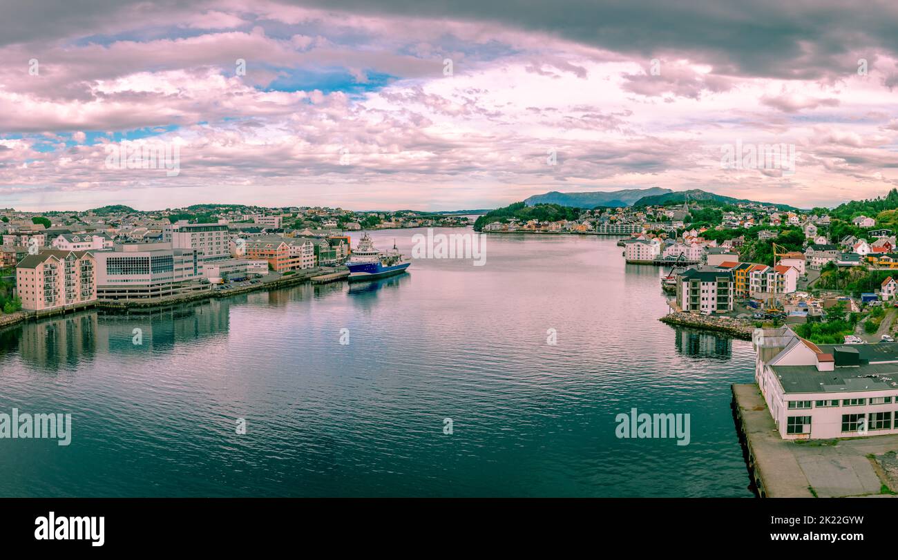 Panorama of Kristiansund, Norway. Kirkelandet is on the left and Innlandet on the right. Photo taken from Sorsund Bridge. Stock Photo