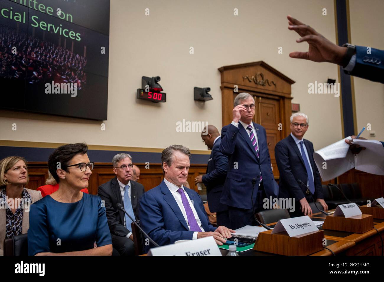 Jane Fraser, CEO, Citigroup, left, Brian Moynihan, Chairman and CEO, Bank of America, second from left, William Rogers Jr., Chairman and CEO, Truist Financial Corporation, second from right, and Charles Scharf, President and CEO, Wells Fargo & Company, right, arrive for a House Committee on Financial Services hearing “Holding Megabanks Accountable: Oversight of America’s Largest Consumer Facing Banks” in the Rayburn House Office Building in Washington, DC, USA, Wednesday, September 21, 2022. Photo by Rod Lamkey/CNP/ABACAPRESS.COM Stock Photo