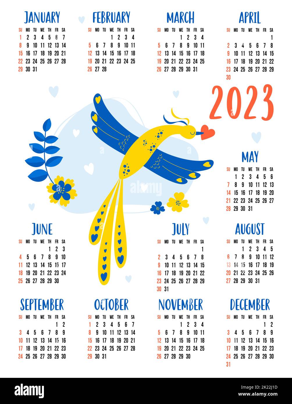 Yearly calendar for 2023 with decorative yellow and blue good luck bird