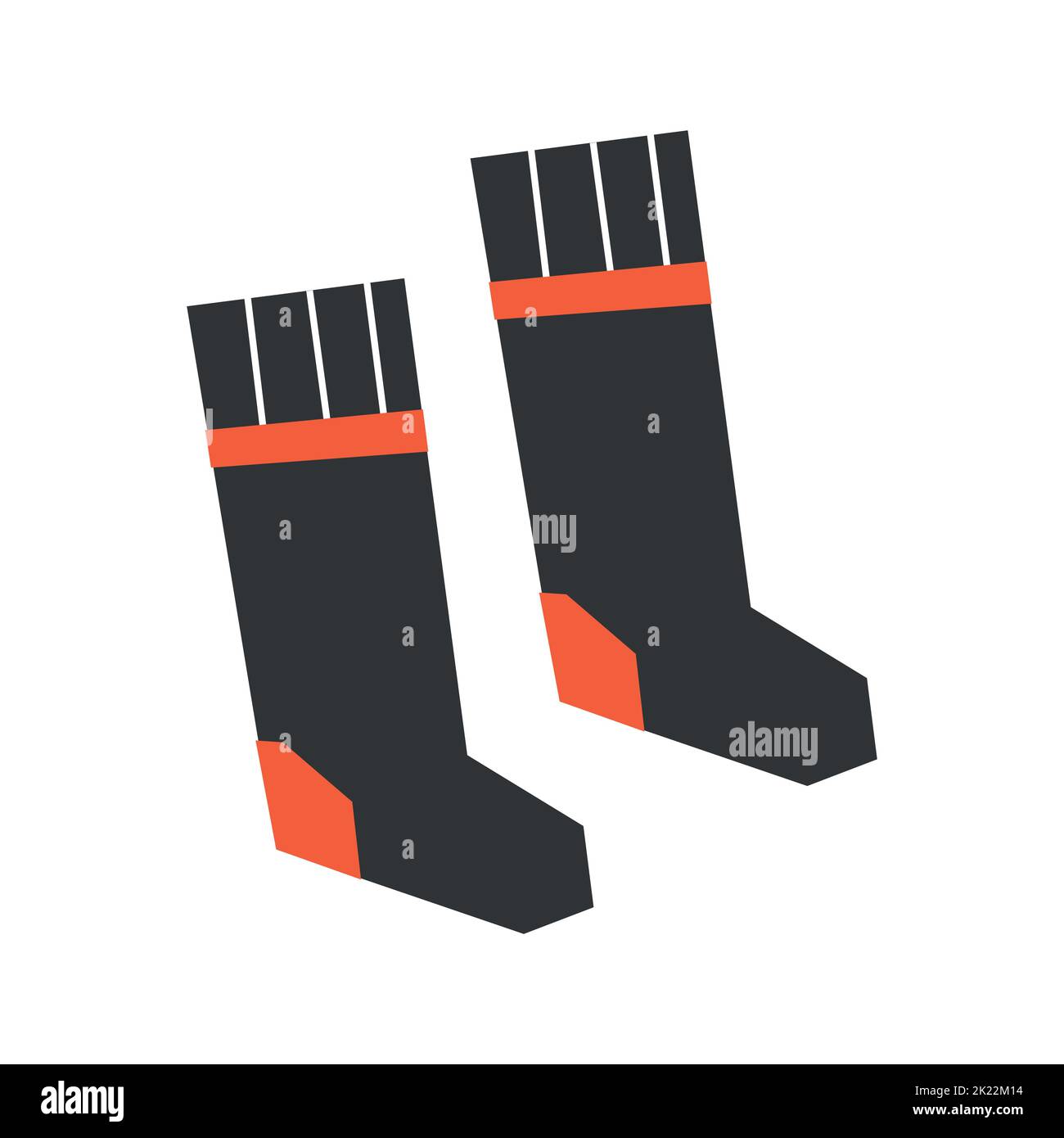Vector isolated flat concept. Pair of black Christmas holiday socks with orange heel and line. Winter and autumn symbol of cozy and warm clothes. Geom Stock Vector