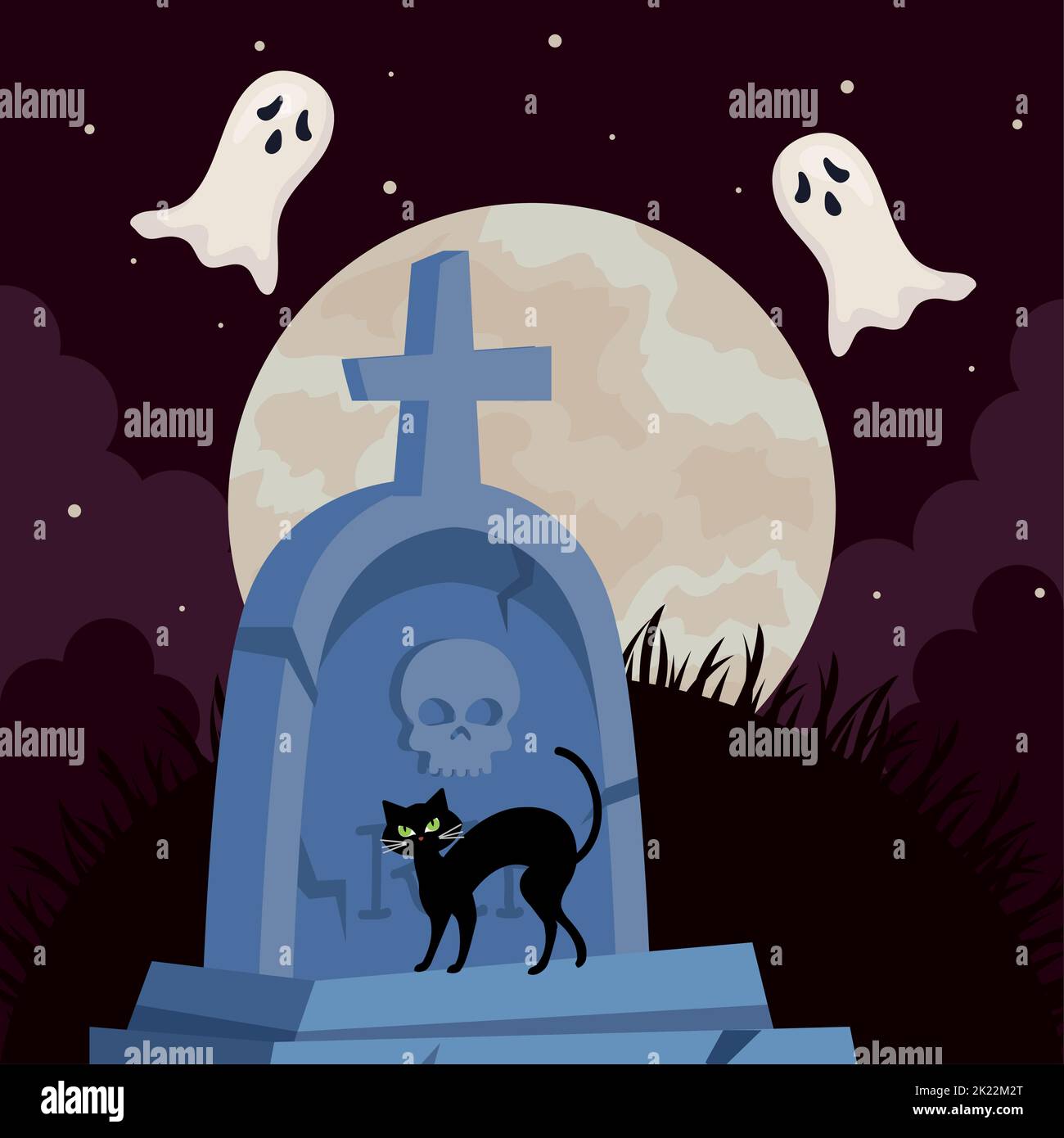 halloween graveyard and cat Stock Vector