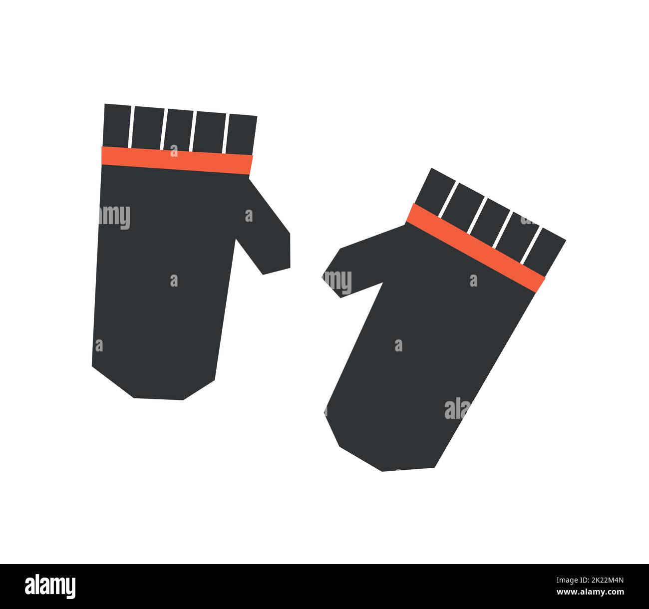 Vector isolated flat illustration. Pair of black winter mittens with orange elastic band and white lines. Simplified minimalistic and geomeric shapes, Stock Vector