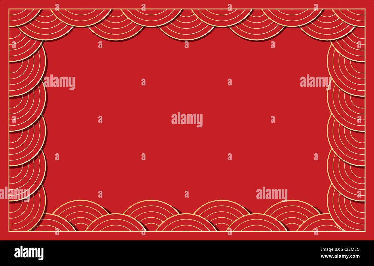 Vector flat festive illustration with copy space. Horizontal template for Chinese New Year banner in traditional red, gold colors. Frame is created fr Stock Vector