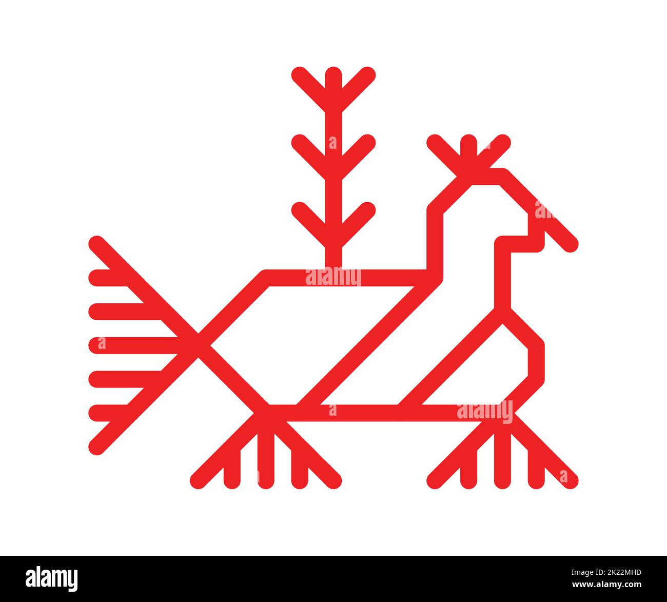 Vector isolated flat illustrarion with red simplified symbol of bird. Line shape is traditional ornamental element of Karelia and Finland nations. Dec Stock Vector