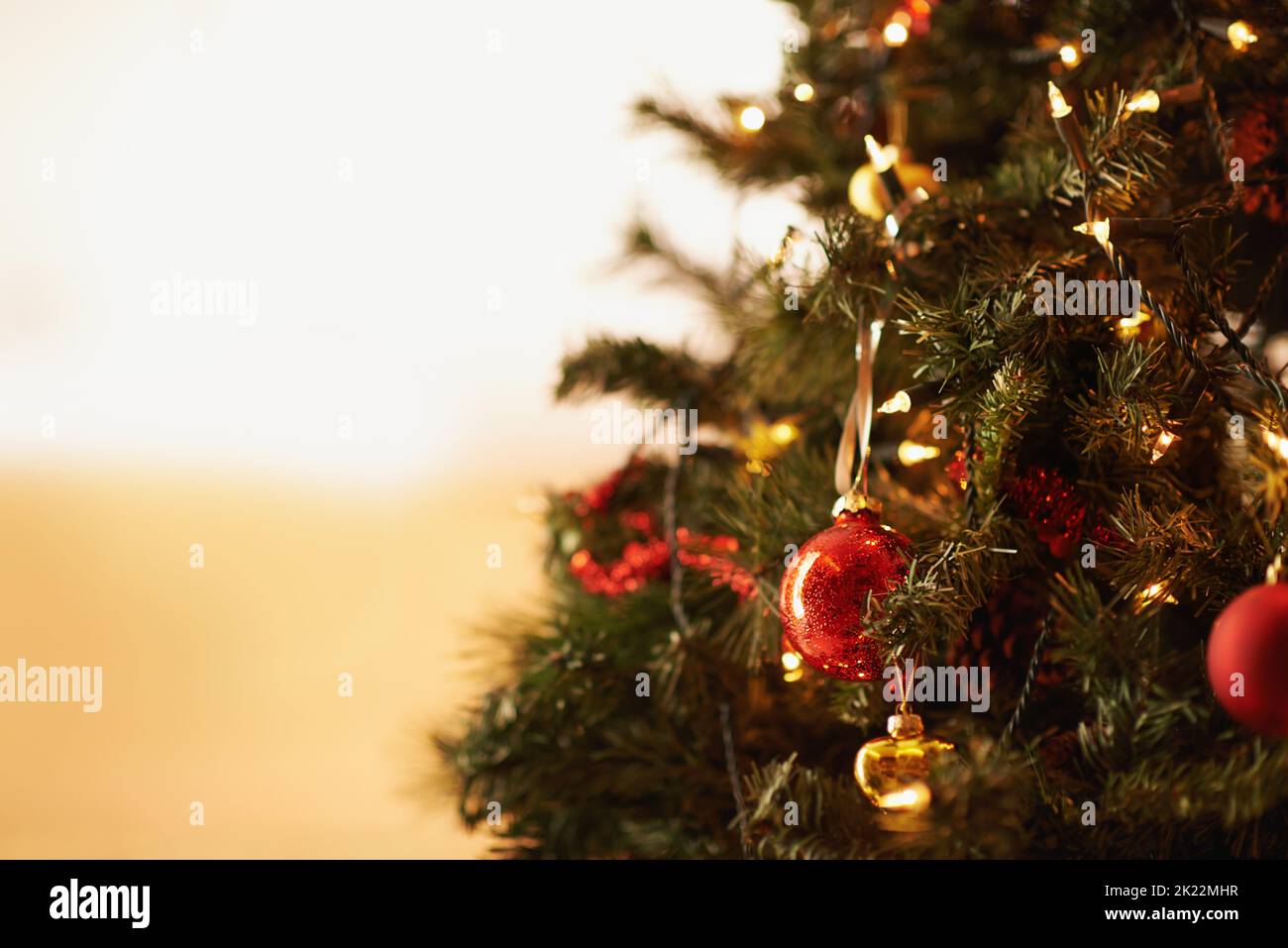 Perfect decoration placement. ornaments hanging on the christmas tree