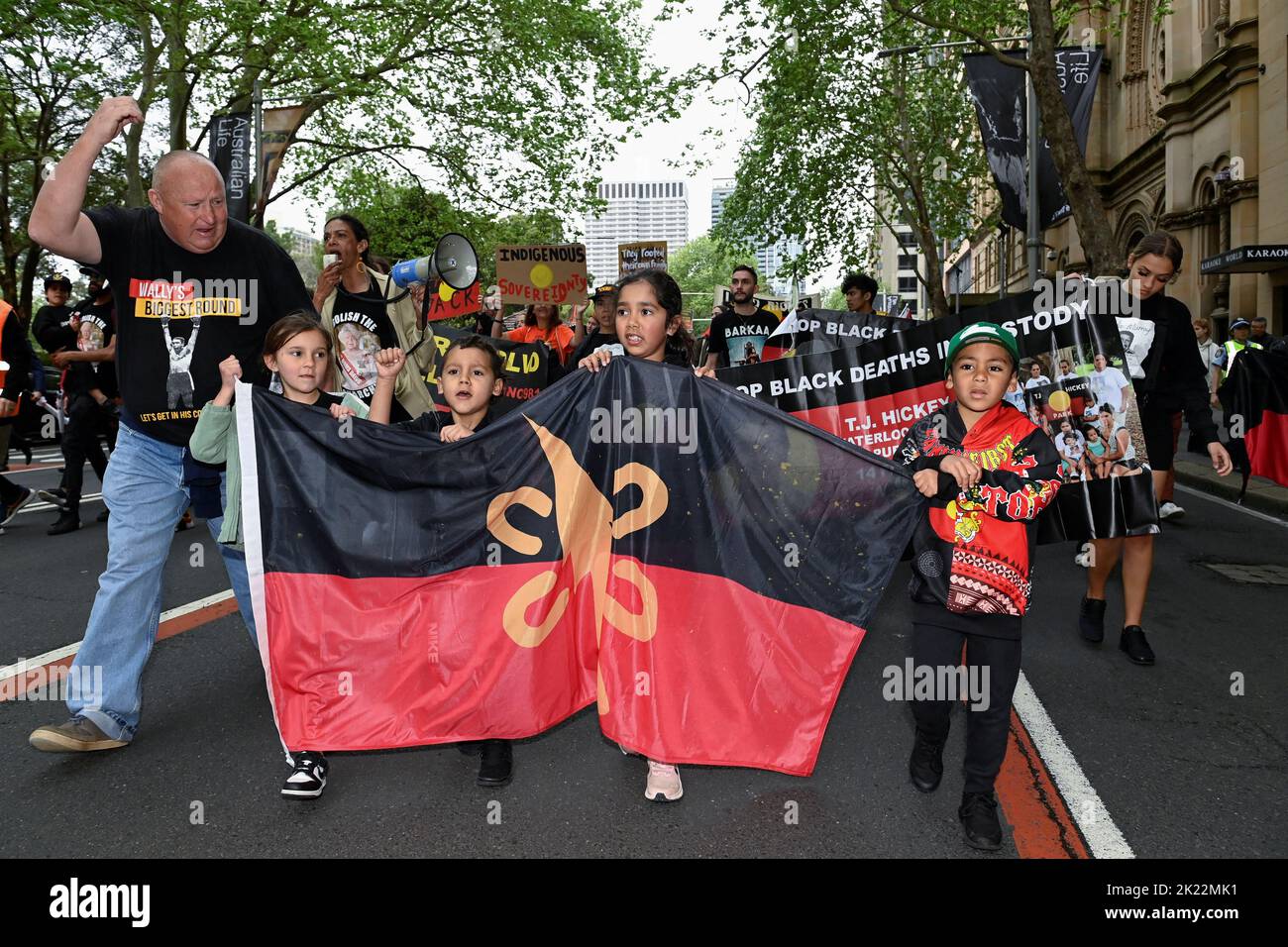 Indigenous Australians and supporters march through the city centre to 'abolish the monarchy' on the country's national day of mourning for Britain's Queen Elizabeth, in Sydney, Australia, September 22, 2022.  REUTERS/Jaimi Joy Stock Photo
