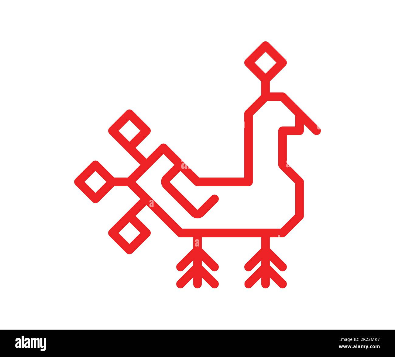 Vector isolated flat illustrarion with red simplified symbol of bird. Line shape is traditional ornamental element of Karelia and Finland people. Deco Stock Vector