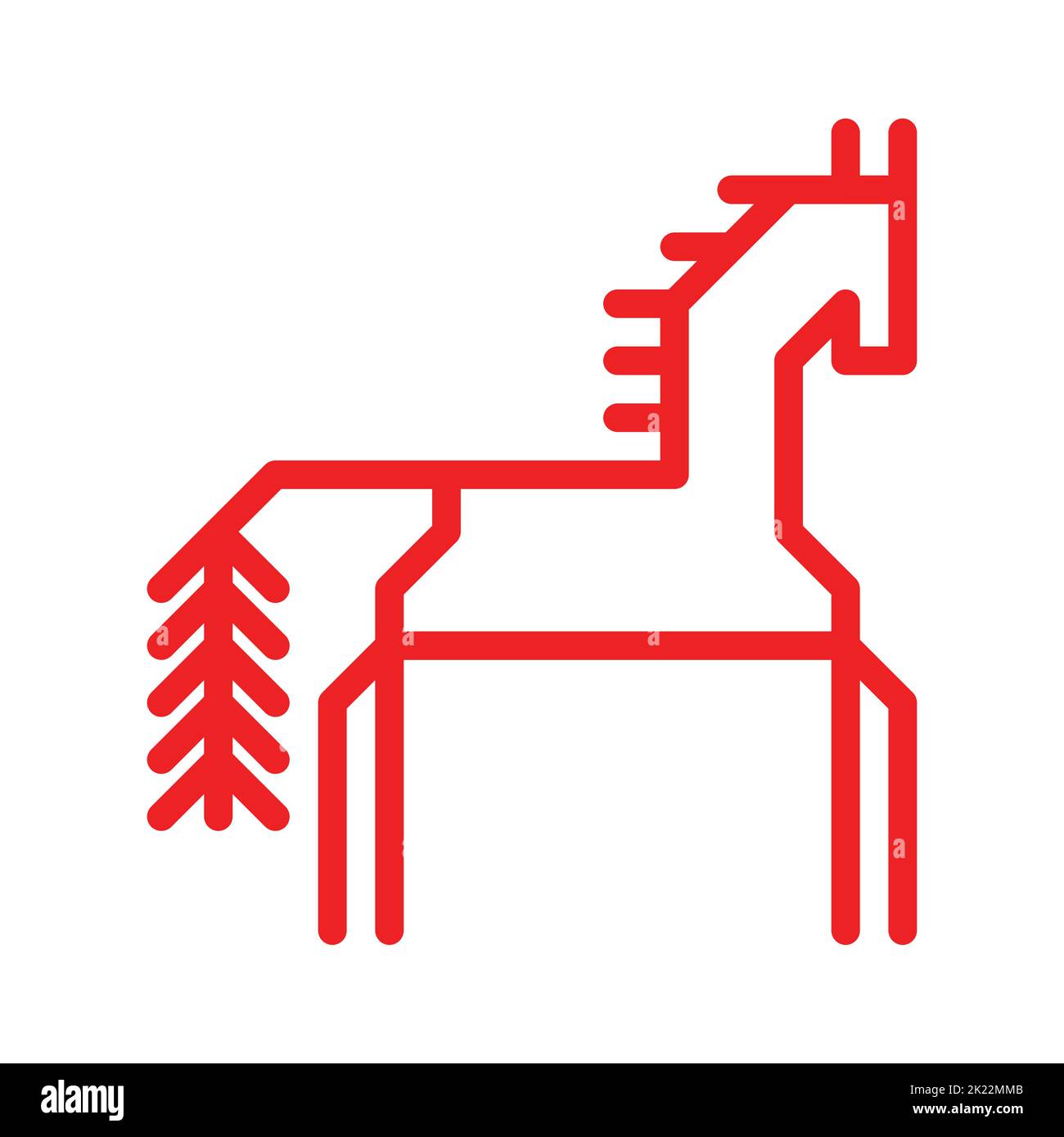 Vector ornamental concept has red simple symbol of horse. Outline icon of animal is traditional decorative element of Karelia and Finland peoples. Nat Stock Vector