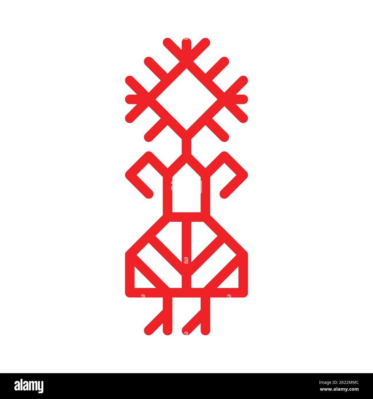 Vector ornamental concept has red simple symbol of woman. Outline icon of girl in traditional national dress of Karelia and Finland peoples. Decorativ Stock Vector