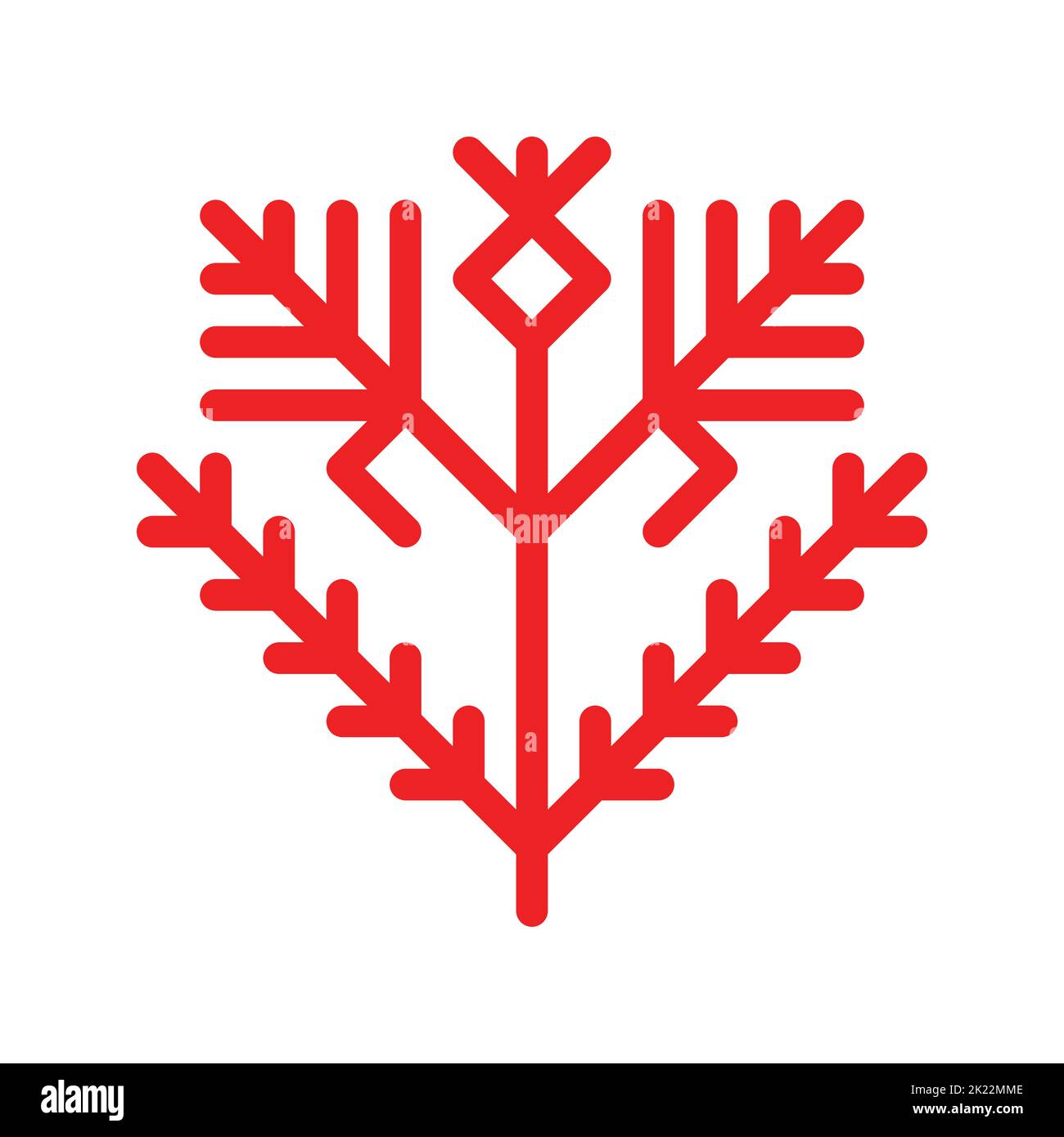 Vector concept has red simplified symbol of bush with berry. Outline icon of plant is traditional ornamental element of Karelia and Finland peoples. D Stock Vector