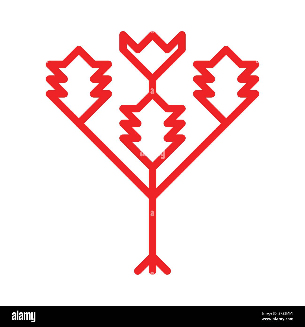 Vector ornamental concept has red simple national symbol of bush with flower and leaves. Outline icon of wild plant is traditional decorative element Stock Vector