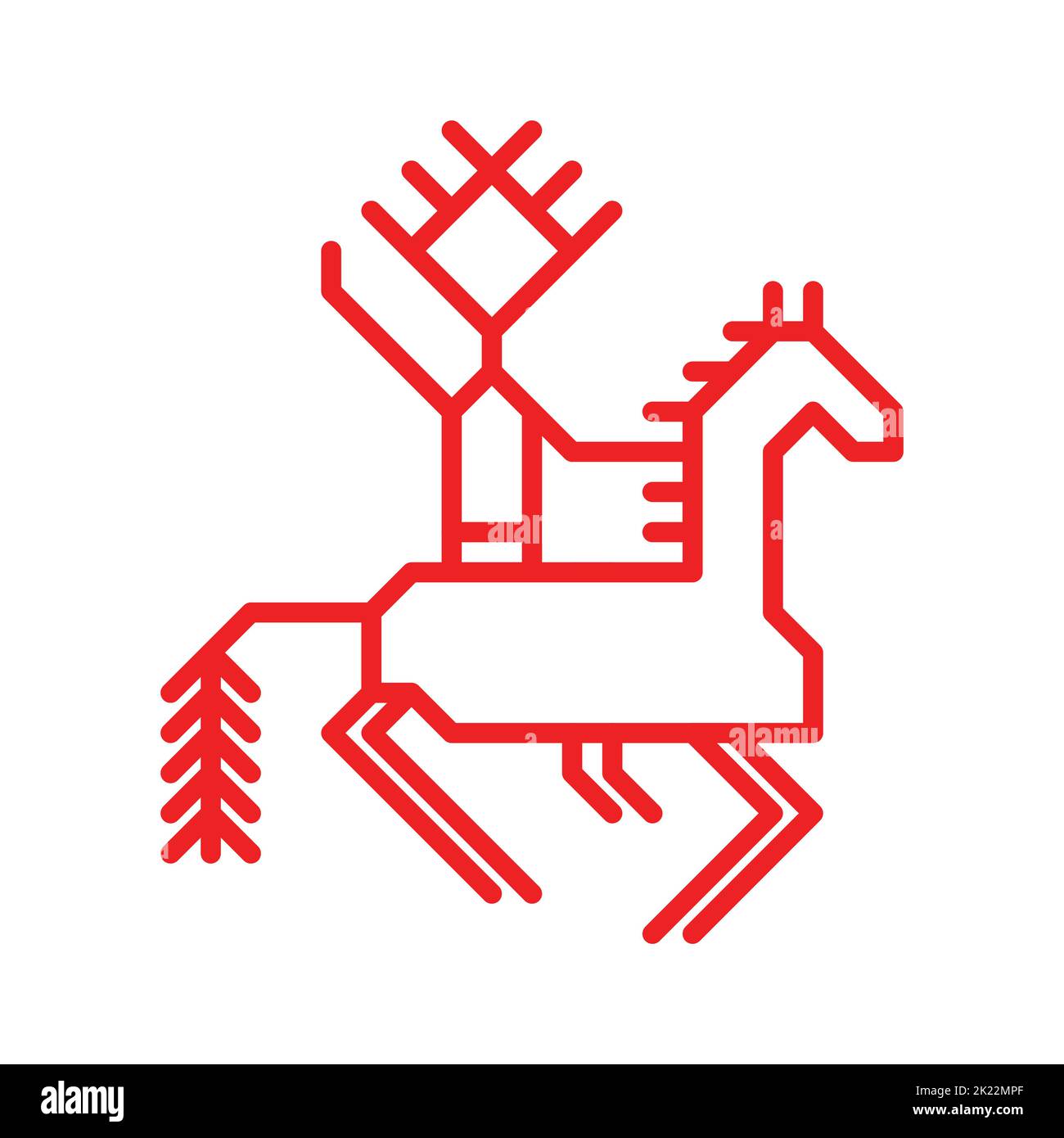 Vector flat isolated ornamental illustration has red simple symbol of horse and man on back. Outline icon with foal and rider is traditional decorativ Stock Vector