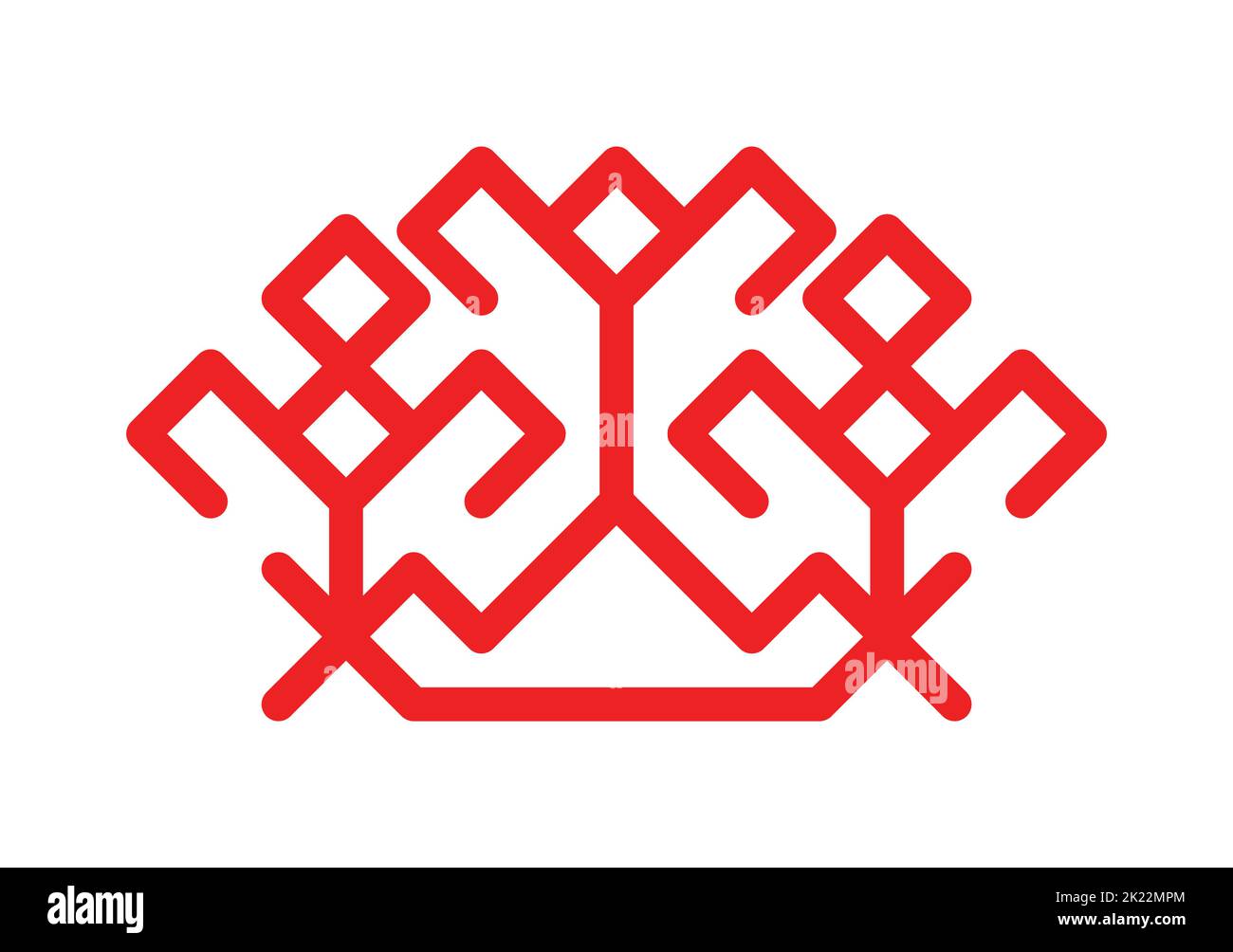Vector isolated illustration. Red simplified Finnish symbol of bush with berries. Outline icon of flowers and shrub is national Karelian ornamental el Stock Vector