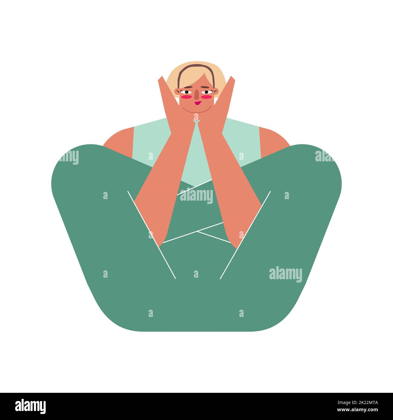 Vector isolated concept with flat Caucasian female character. Sportive young woman learns stretching posture and does Embryo in Womb Pose at yoga clas Stock Vector