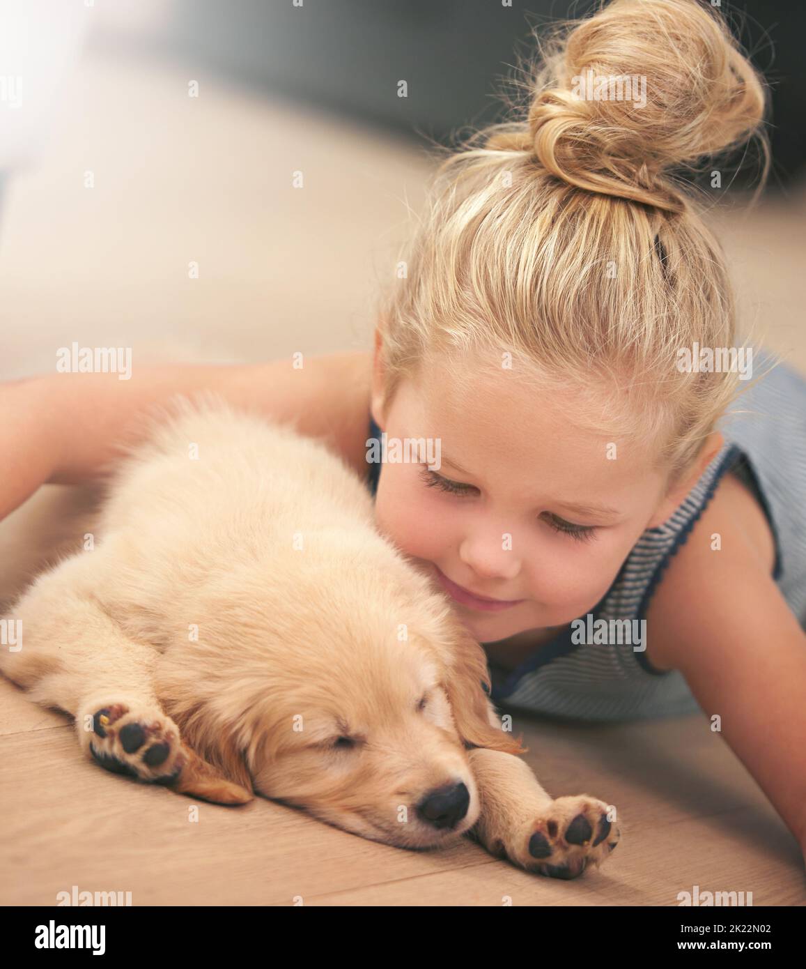 Loving and growing together. An adorable little girl with her puppy at home. Stock Photo