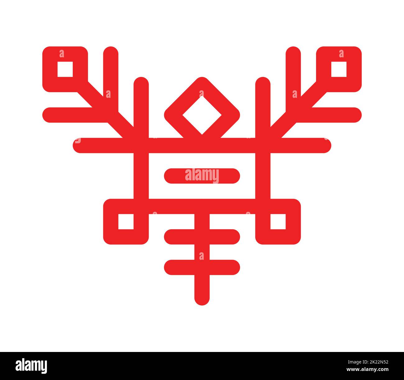 Vector ornamental concept has red simple symbol of flying insect. Outline icon of mosquito is traditional decorative element of Karelia and Finland pe Stock Vector
