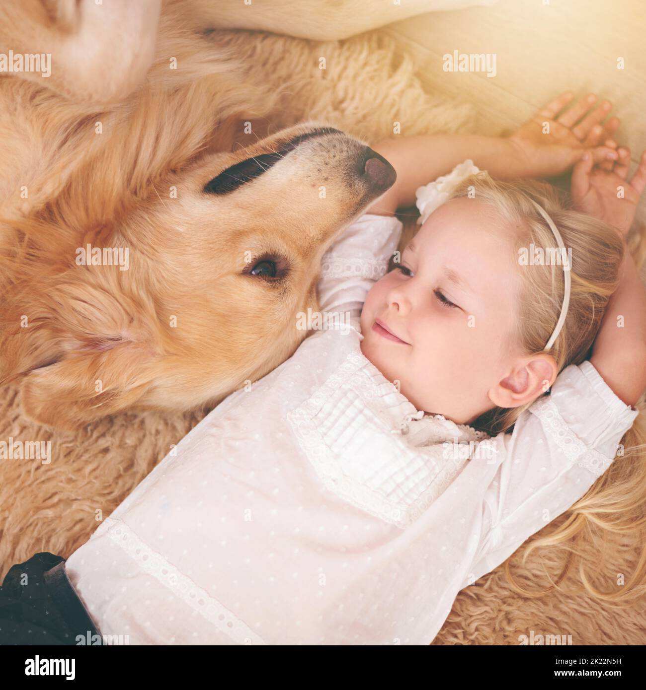 I love you too tiny human. An adorable little girl with her dog at home. Stock Photo