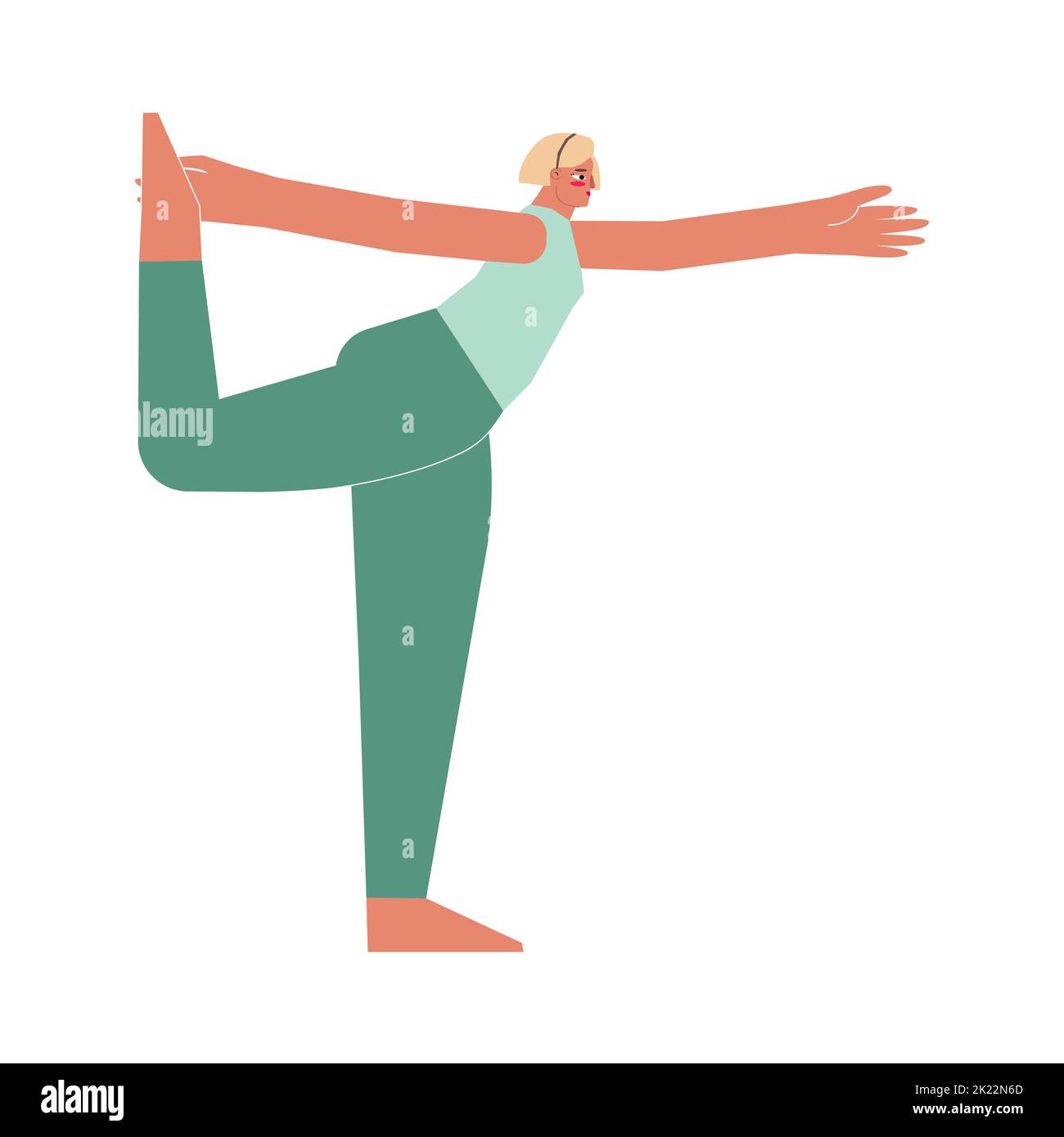 Vector illustration with flat Female young character. Sportive blonde woman learns stretching posture and does Lord of the Dance Pose at yoga class. B Stock Vector
