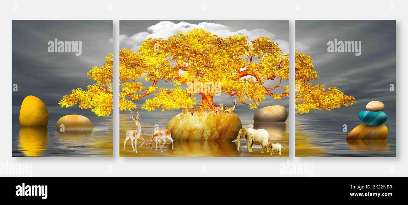 Landscape paintings, landscapes, abstract, golden background. The