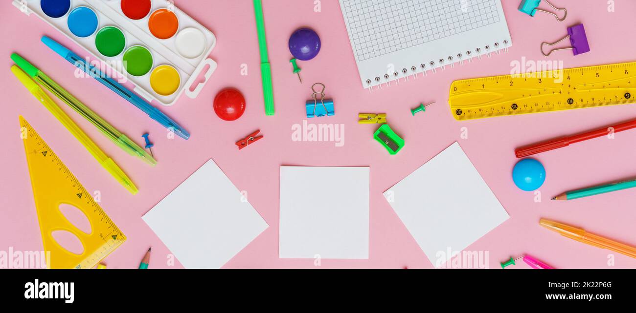 School note and landing on pink background. Back to school, home study ...