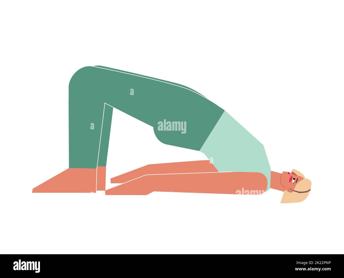 Vector concept with flat female character. Sportive blonde woman learns posture with backbends - Setu Bandha Sarvangasana at yoga class. Fitness exerc Stock Vector