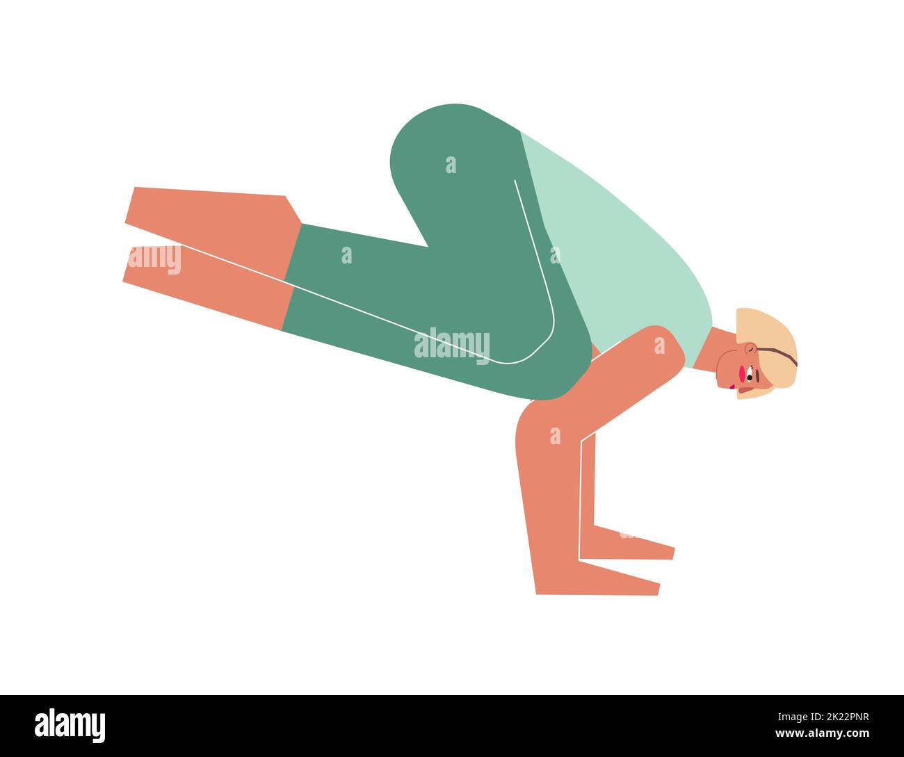 Vector isolated illustration with flat female character. Sportive woman learns posture Parsva Bakasana at yoga class. Fitness exercise - Side Crow (Cr Stock Vector