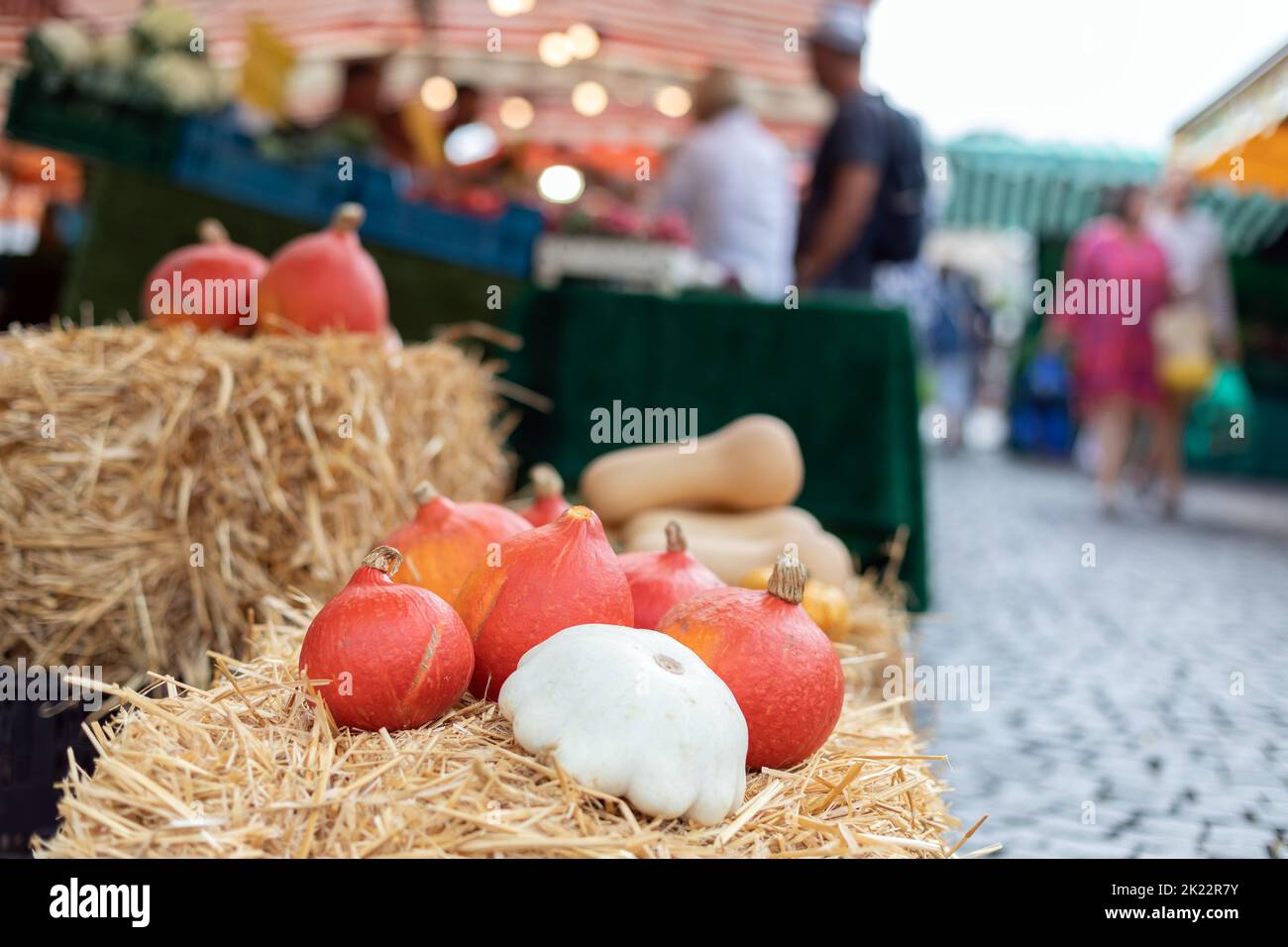 Hokkaido pumpkins on a hay bale at the market stall Stock Photo