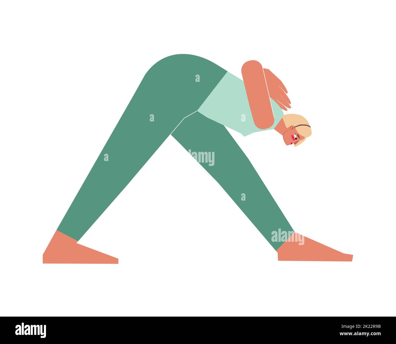 Vector isolated illustration with flat female character. Sportive woman learns posture Parsvottanasana at yoga class. Fitness exercise - Pyramid Pose Stock Vector