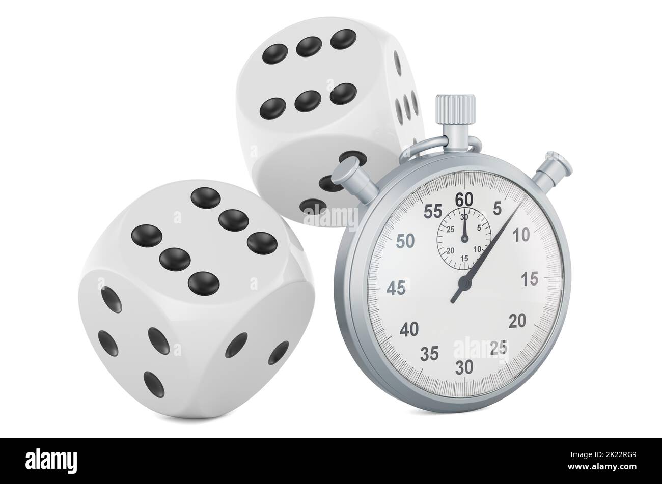 Dice with stopwatch, 3D rendering isolated on white background Stock