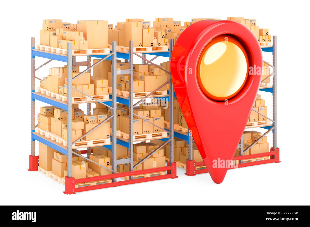 Parcel tracking concept. Map pointer with double pallet rack full of ...