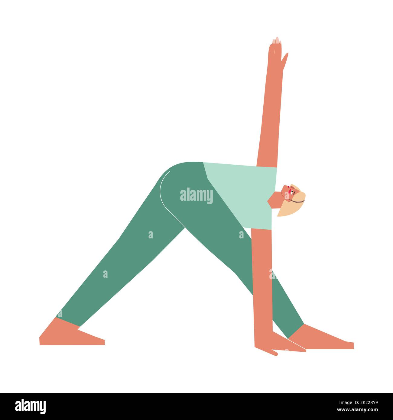 Vector isolated illustration with flat female character. Sportive woman learns Twist posture Parivrtta Trikonasana at yoga class. Fitness exercise - R Stock Vector