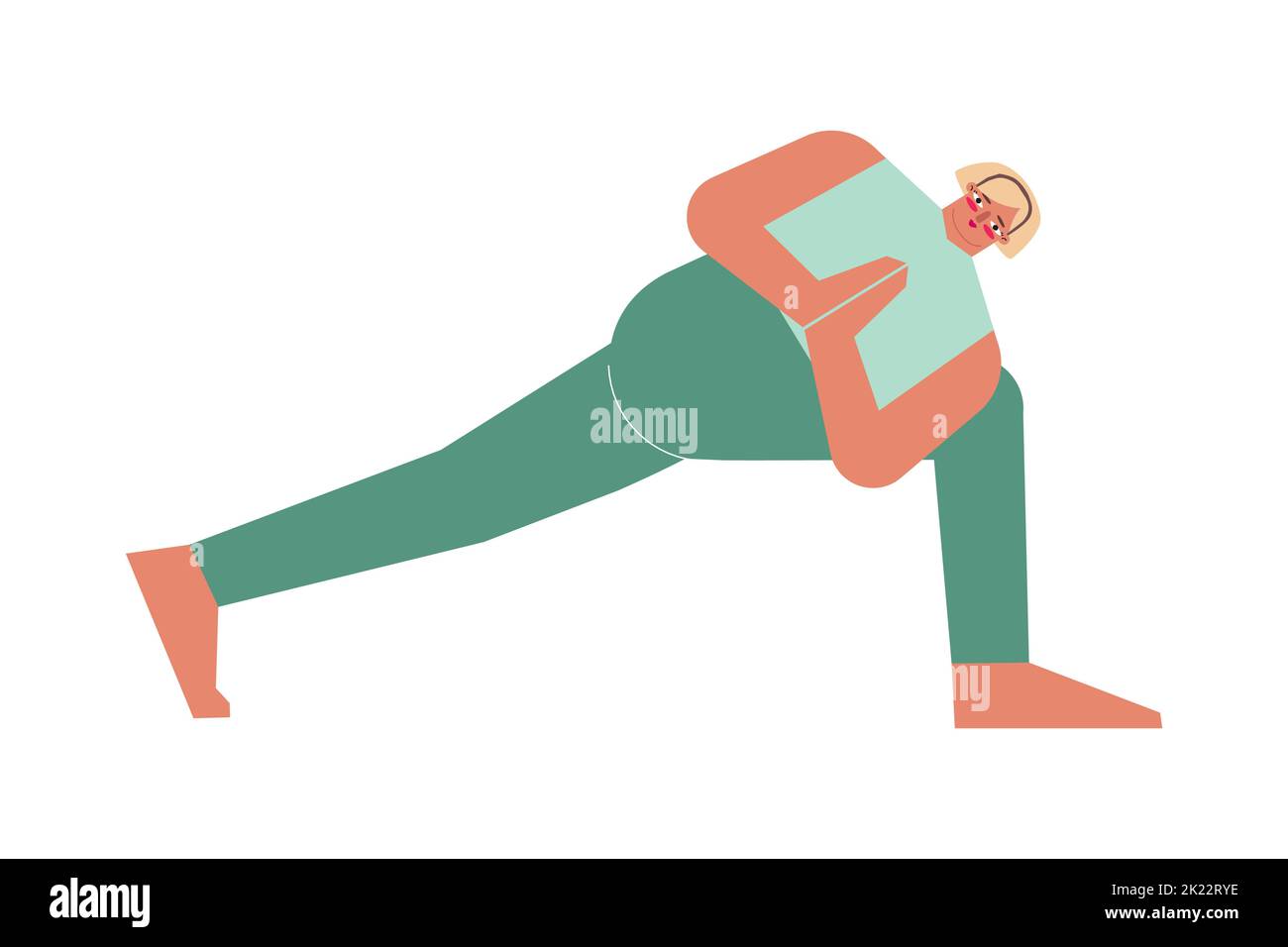 Vector isolated illustration with flat female character. Sportive woman learns Strengthening posture Parivrtta Parsvakonasana at yoga class. Fitness e Stock Vector
