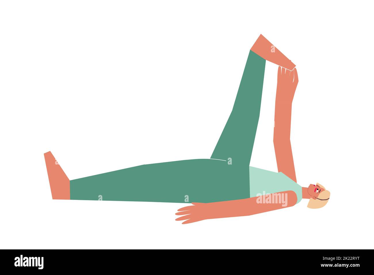 Vector concept with flat female character. Sportive blonde woman learns stretching posture Supta Padangusthasana at yoga class. Fitness exercise for b Stock Vector