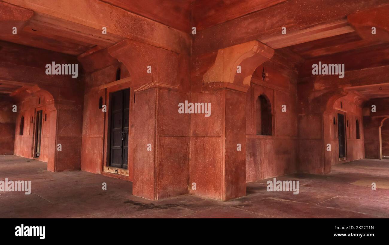 Inside arches made of red sandstone of the main Cenotaph of Moosi