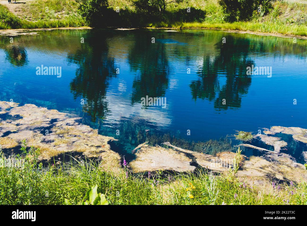 Lake with gray water. Blue lake in Samara region in Russia. Deep pond. Smell of hydrogen sulfide. Stock Photo