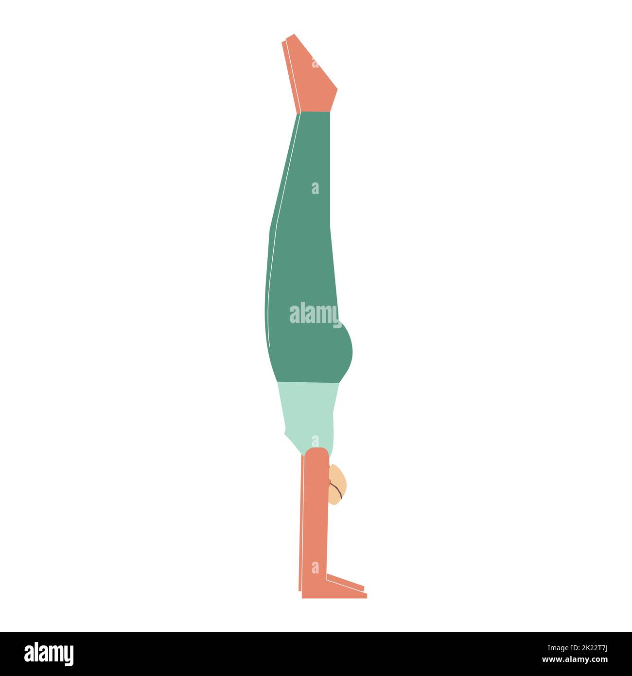Vector isolated illustration with flat female character. Sportive woman learns Balancing posture Adho Mukha Vrksasana at yoga class. Fitness exercise Stock Vector