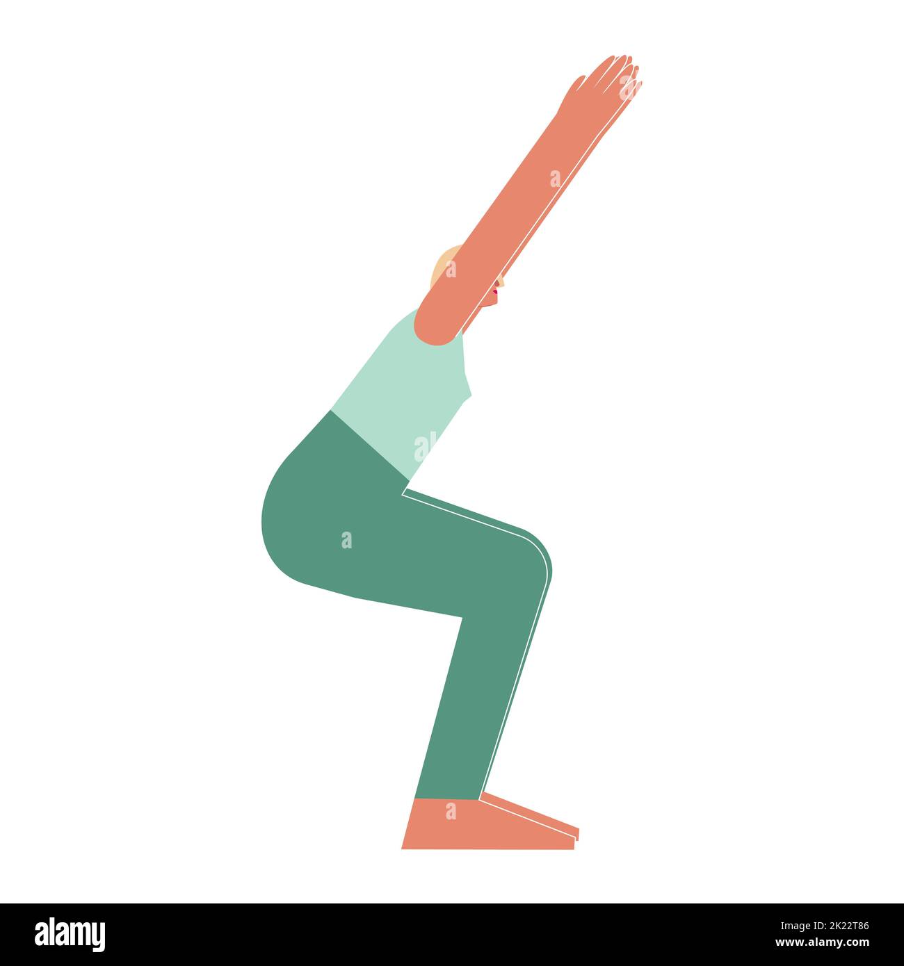 Vector isolated illustration with flat female character. Sportive woman learns Strengthening posture Utkatasana at yoga class. Fitness exercise - Chai Stock Vector